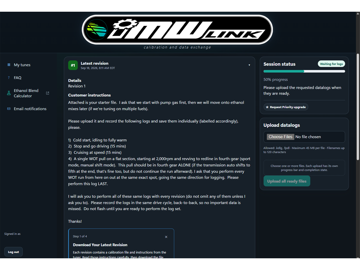 IMW Link portal showing calibration instructions and datalog uploads